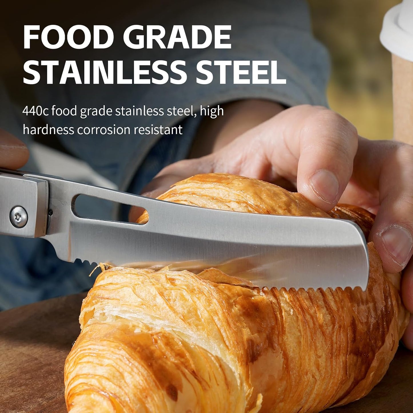 440C Stainless Steel Folding Bread Knife, 9.3in Overall Length, Black - Colored Wood Handle, Serrated Blade - Camping, Outdoor Use
