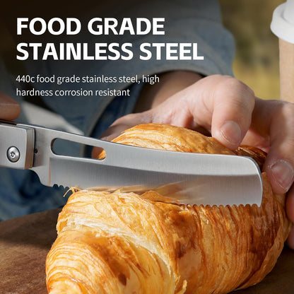 440C Stainless Steel Folding Bread Knife, 9.3in Overall Length, Black - Colored Wood Handle, Serrated Blade - Camping, Outdoor Use