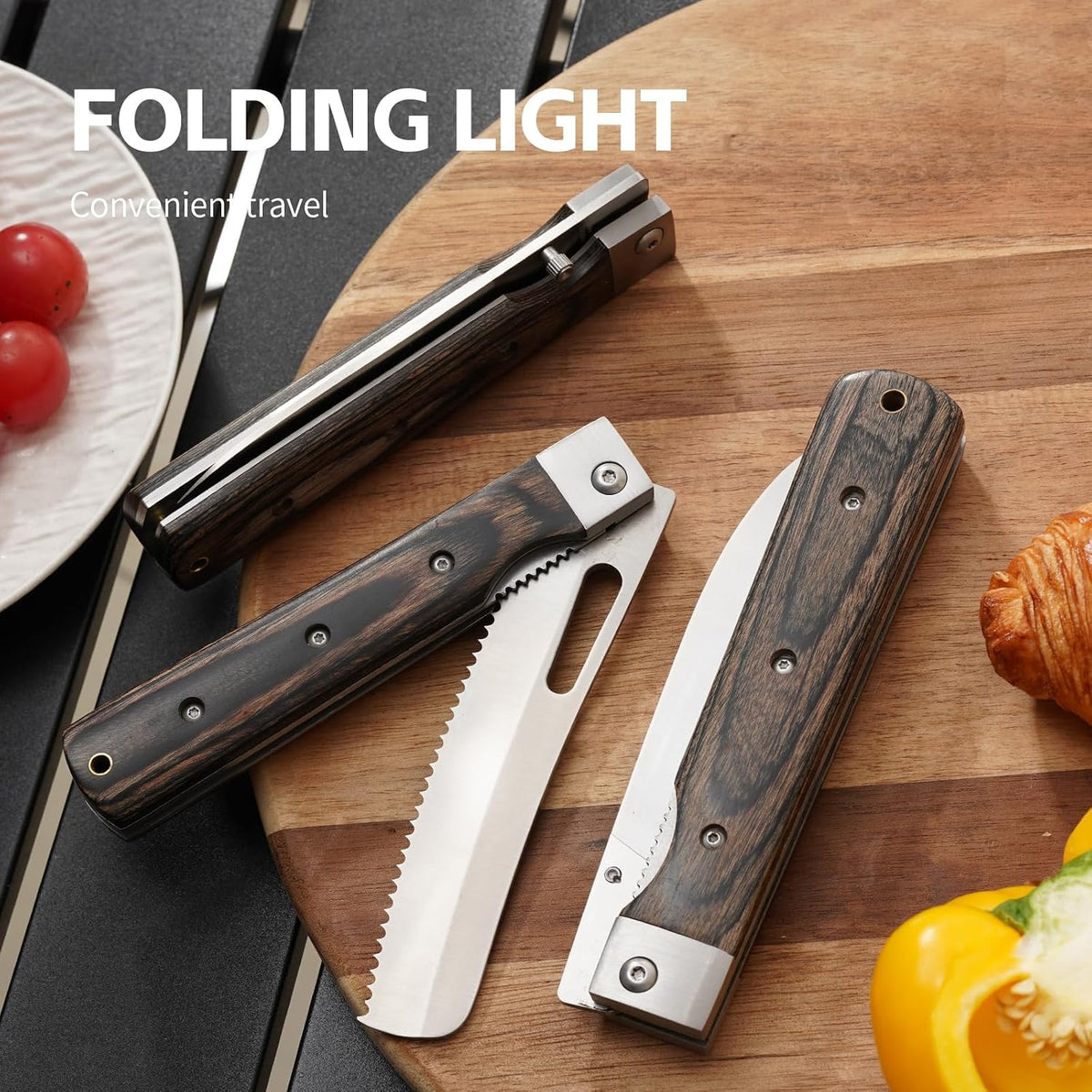 440C Stainless Steel Folding Bread Knife, 9.3in Overall Length, Black - Colored Wood Handle, Serrated Blade - Camping, Outdoor Use