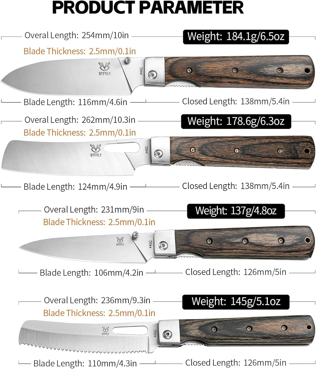 440C Stainless Steel Folding Bread Knife, 9.3in Overall Length, Black - Colored Wood Handle, Serrated Blade - Camping, Outdoor Use