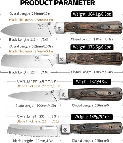 440C Stainless Steel Folding Bread Knife, 9.3in Overall Length, Black - Colored Wood Handle, Serrated Blade - Camping, Outdoor Use