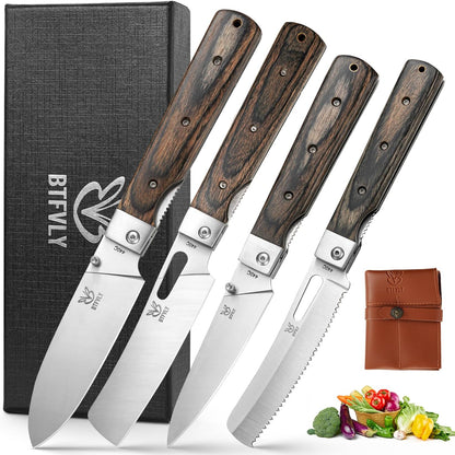 440C Stainless Steel Folding Bread Knife, 9.3in Overall Length, Black - Colored Wood Handle, Serrated Blade - Camping, Outdoor Use