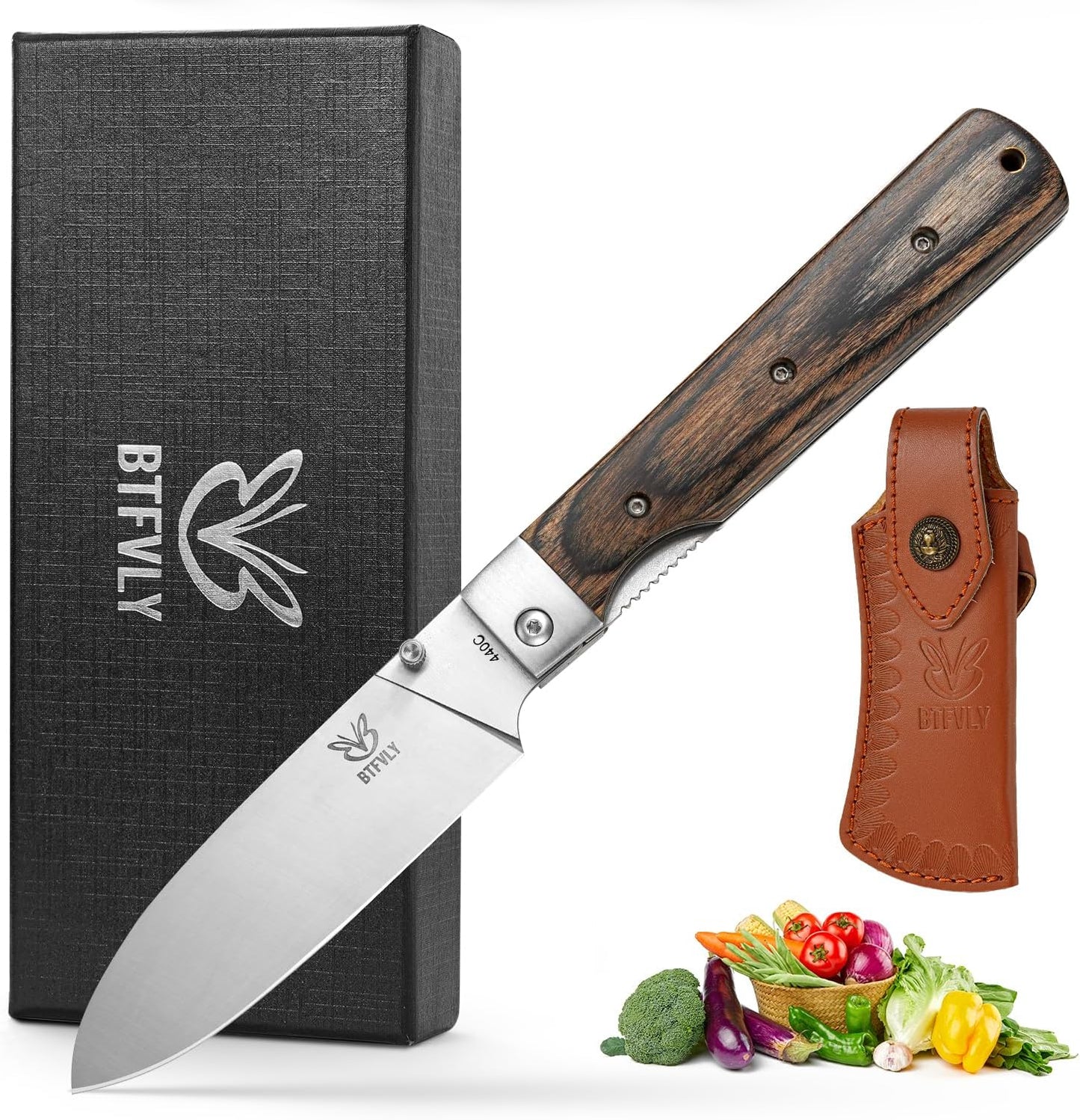 440C Stainless Steel Folding Bread Knife, 9.3in Overall Length, Black - Colored Wood Handle, Serrated Blade - Camping, Outdoor Use