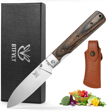 440C Stainless Steel Folding Bread Knife, 9.3in Overall Length, Black - Colored Wood Handle, Serrated Blade - Camping, Outdoor Use