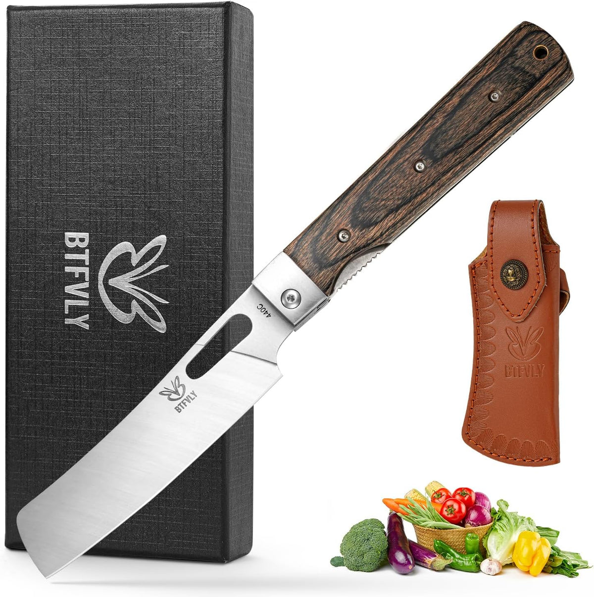 440C Stainless Steel Folding Bread Knife, 9.3in Overall Length, Black - Colored Wood Handle, Serrated Blade - Camping, Outdoor Use