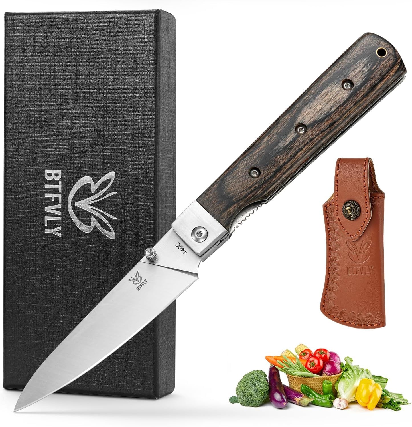 440C Stainless Steel Folding Bread Knife, 9.3in Overall Length, Black - Colored Wood Handle, Serrated Blade - Camping, Outdoor Use