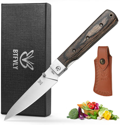 440C Stainless Steel Folding Bread Knife, 9.3in Overall Length, Black - Colored Wood Handle, Serrated Blade - Camping, Outdoor Use