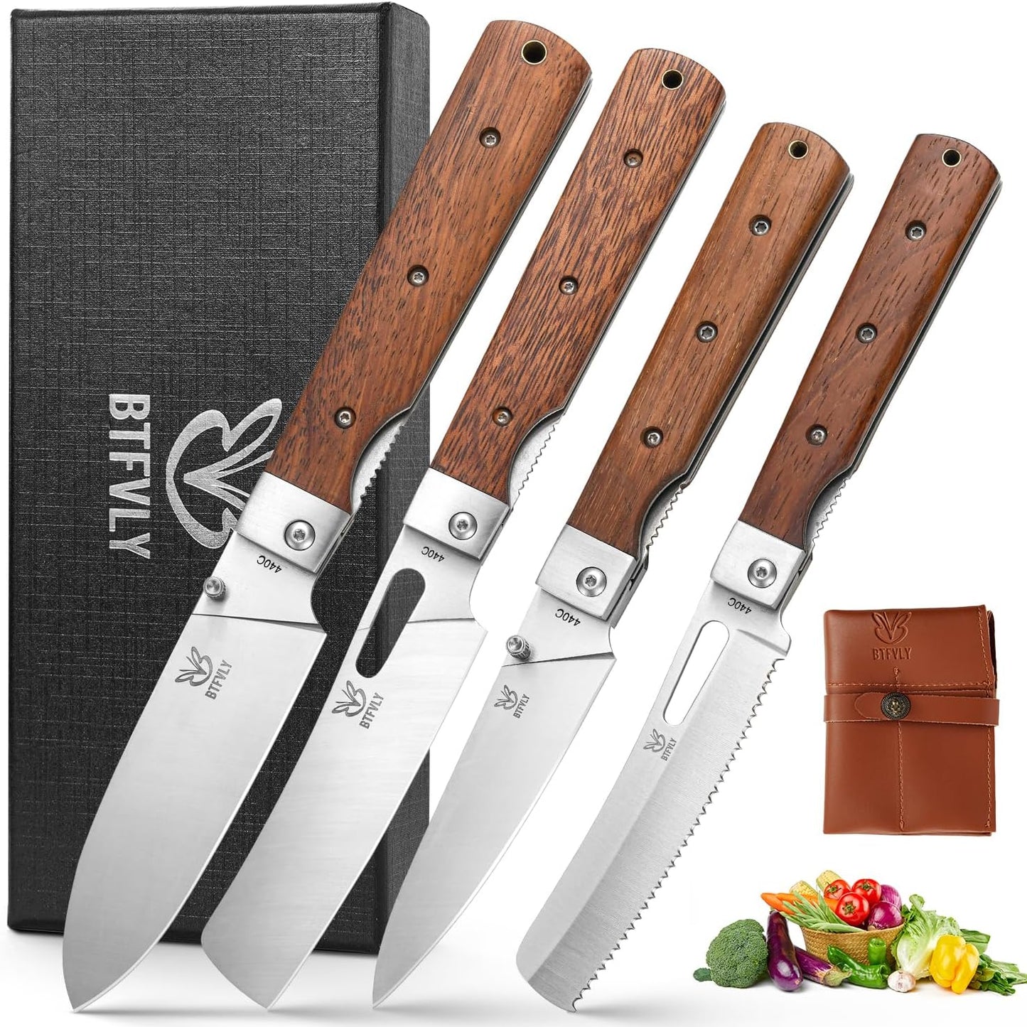 440C Stainless Steel Folding Bread Knife, 9.3in Overall Length, Black - Colored Wood Handle, Serrated Blade - Camping, Outdoor Use