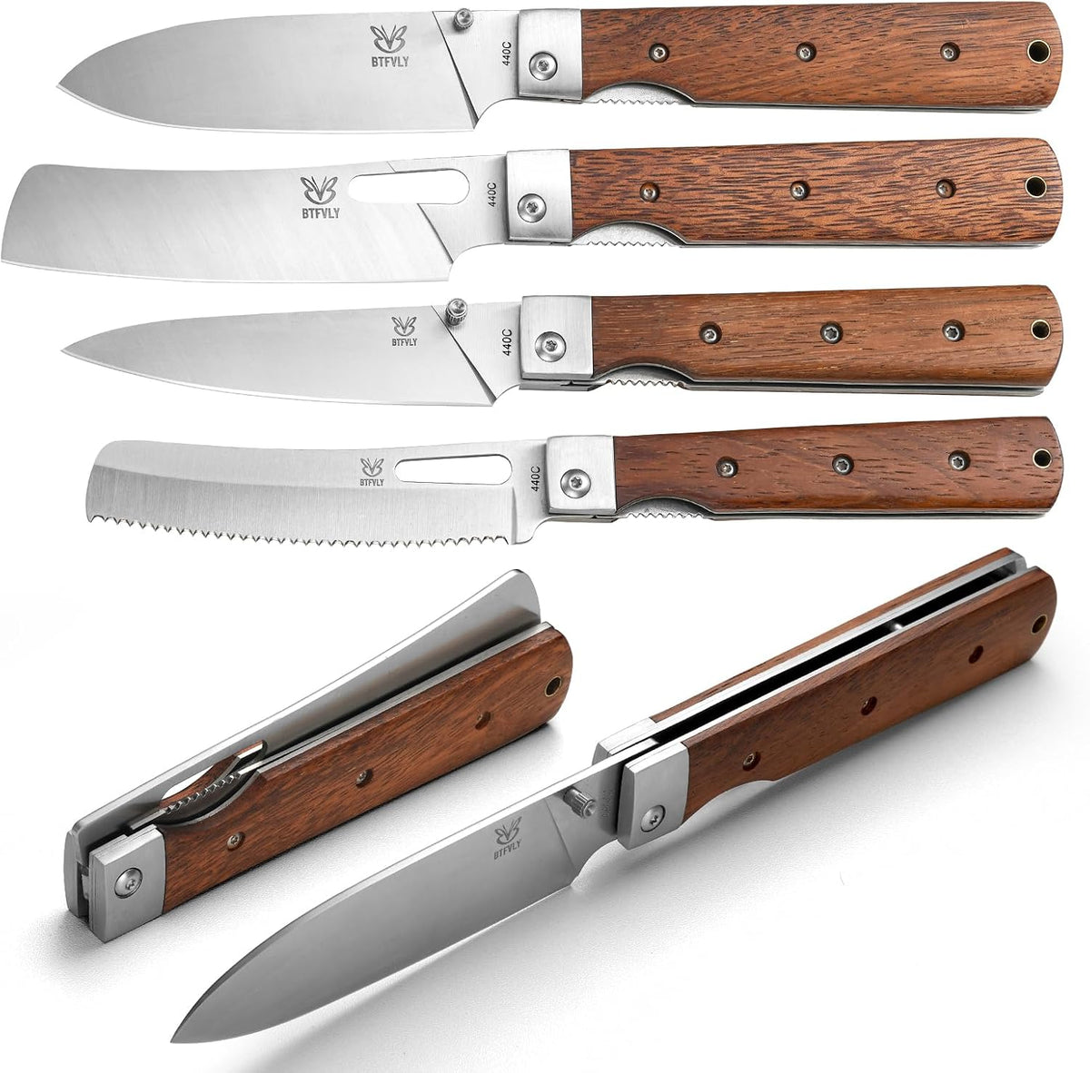 440C Stainless Steel Folding Bread Knife, 9.3in Overall Length, Black - Colored Wood Handle, Serrated Blade - Camping, Outdoor Use