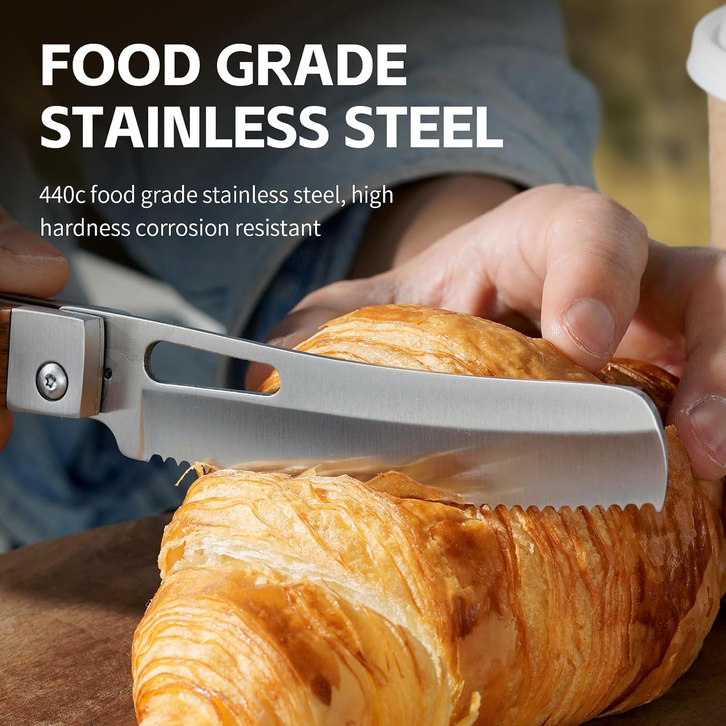 440C Stainless Steel Folding Bread Knife, 9.3in Overall Length, Black - Colored Wood Handle, Serrated Blade - Camping, Outdoor Use