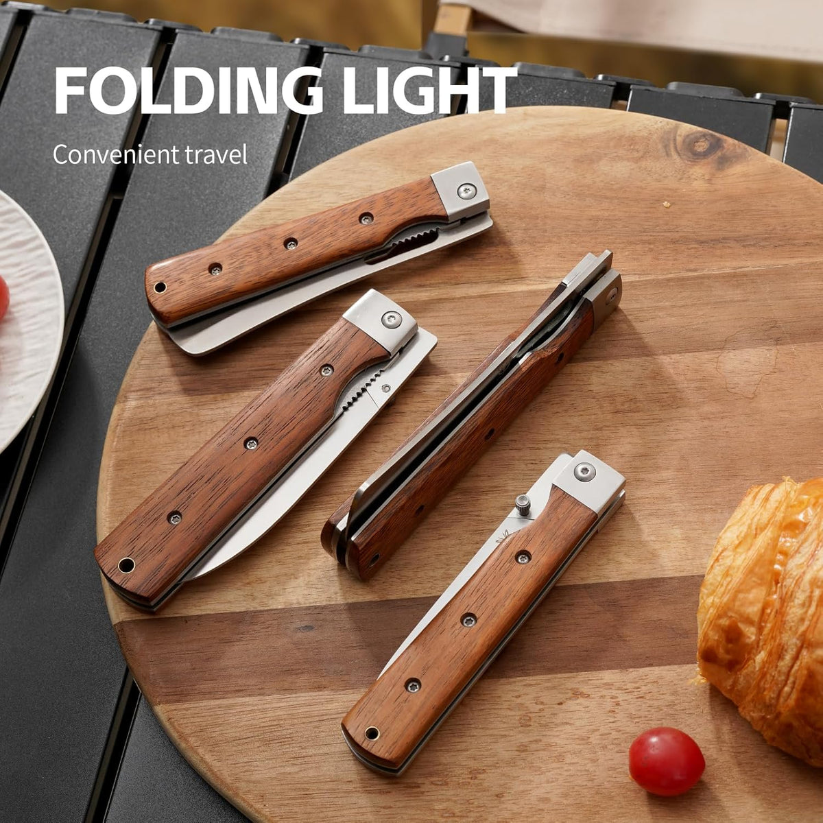 440C Stainless Steel Folding Bread Knife, 9.3in Overall Length, Black - Colored Wood Handle, Serrated Blade - Camping, Outdoor Use