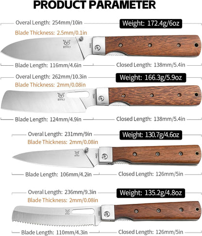 440C Stainless Steel Folding Bread Knife, 9.3in Overall Length, Black - Colored Wood Handle, Serrated Blade - Camping, Outdoor Use