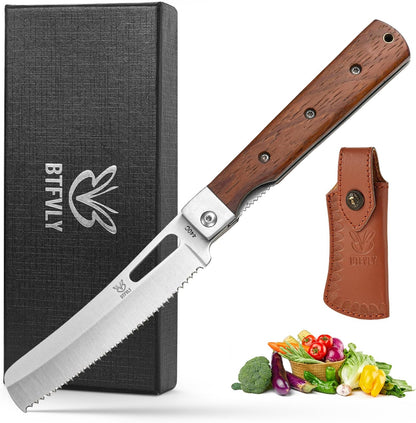 440C Stainless Steel Folding Bread Knife, 9.3in Overall Length, Black - Colored Wood Handle, Serrated Blade - Camping, Outdoor Use