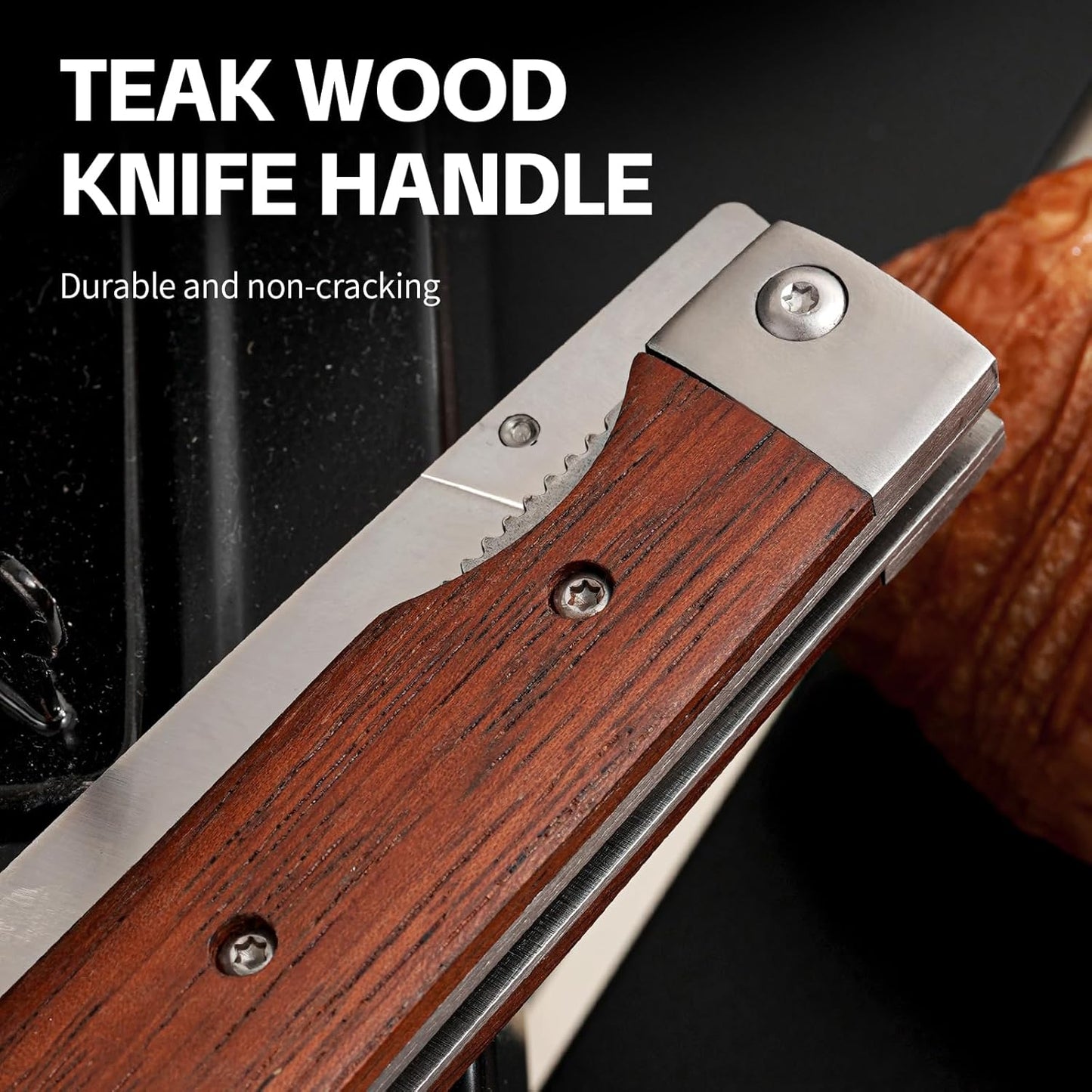 440C Stainless Steel Folding Bread Knife, 9.3in Overall Length, Black - Colored Wood Handle, Serrated Blade - Camping, Outdoor Use
