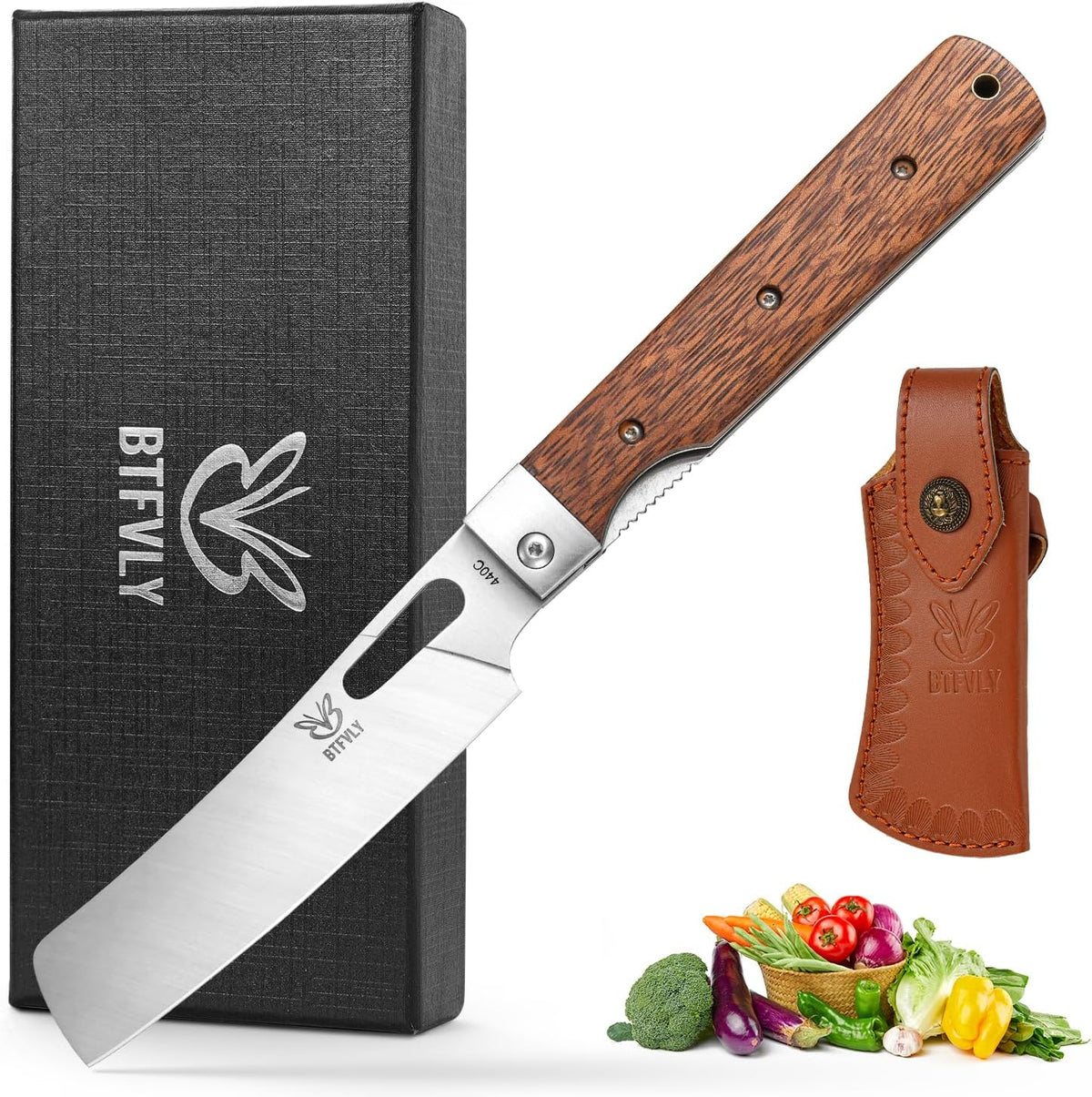 440C Stainless Steel Folding Bread Knife, 9.3in Overall Length, Black - Colored Wood Handle, Serrated Blade - Camping, Outdoor Use
