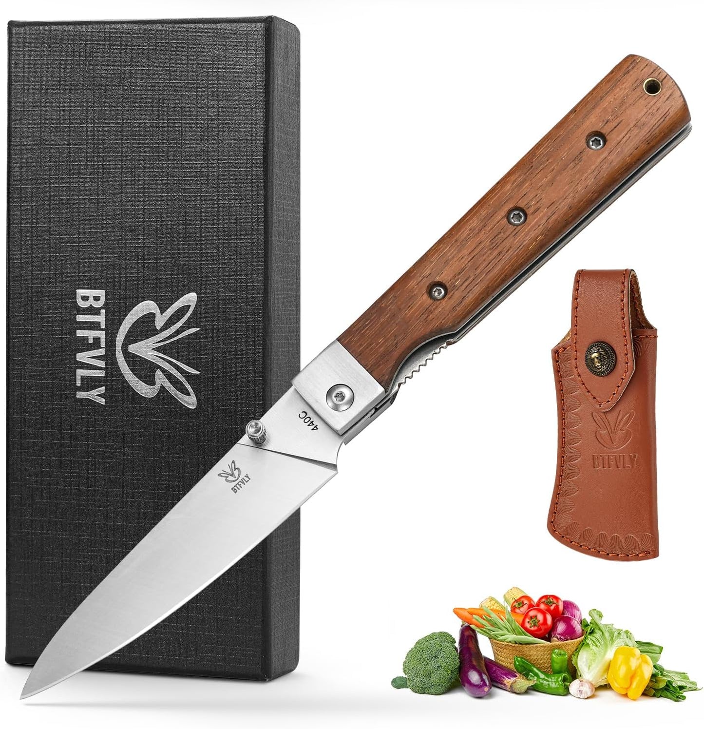 440C Stainless Steel Folding Bread Knife, 9.3in Overall Length, Black - Colored Wood Handle, Serrated Blade - Camping, Outdoor Use