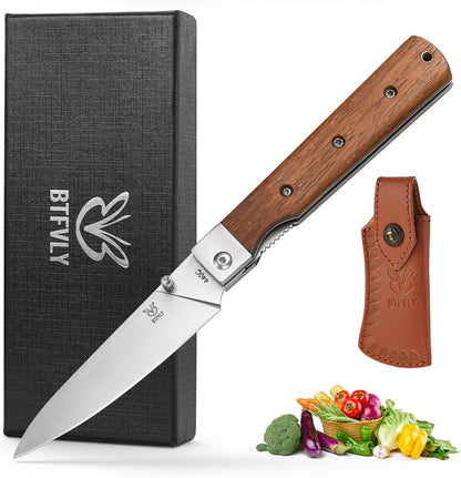 440C Stainless Steel Folding Bread Knife, 9.3in Overall Length, Black - Colored Wood Handle, Serrated Blade - Camping, Outdoor Use