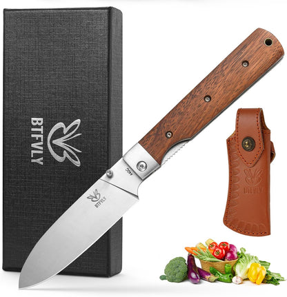 440C Stainless Steel Folding Bread Knife, 9.3in Overall Length, Black - Colored Wood Handle, Serrated Blade - Camping, Outdoor Use