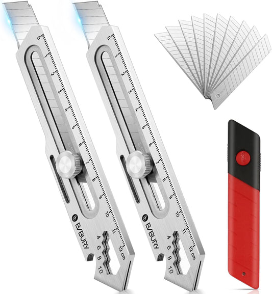 2 Pack Mutipurpose Utility Knife, Heave Duty Full Stainless Steel Retractable Box Cutter with 10PCS replaceable Blades (18mm Wide), Multi-functional Extended Razor Knife for Office, Home,School