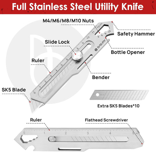 2 Pack Mutipurpose Utility Knife, Heave Duty Full Stainless Steel Retractable Box Cutter with 10PCS replaceable Blades (18mm Wide), Multi-functional Extended Razor Knife for Office, Home,School