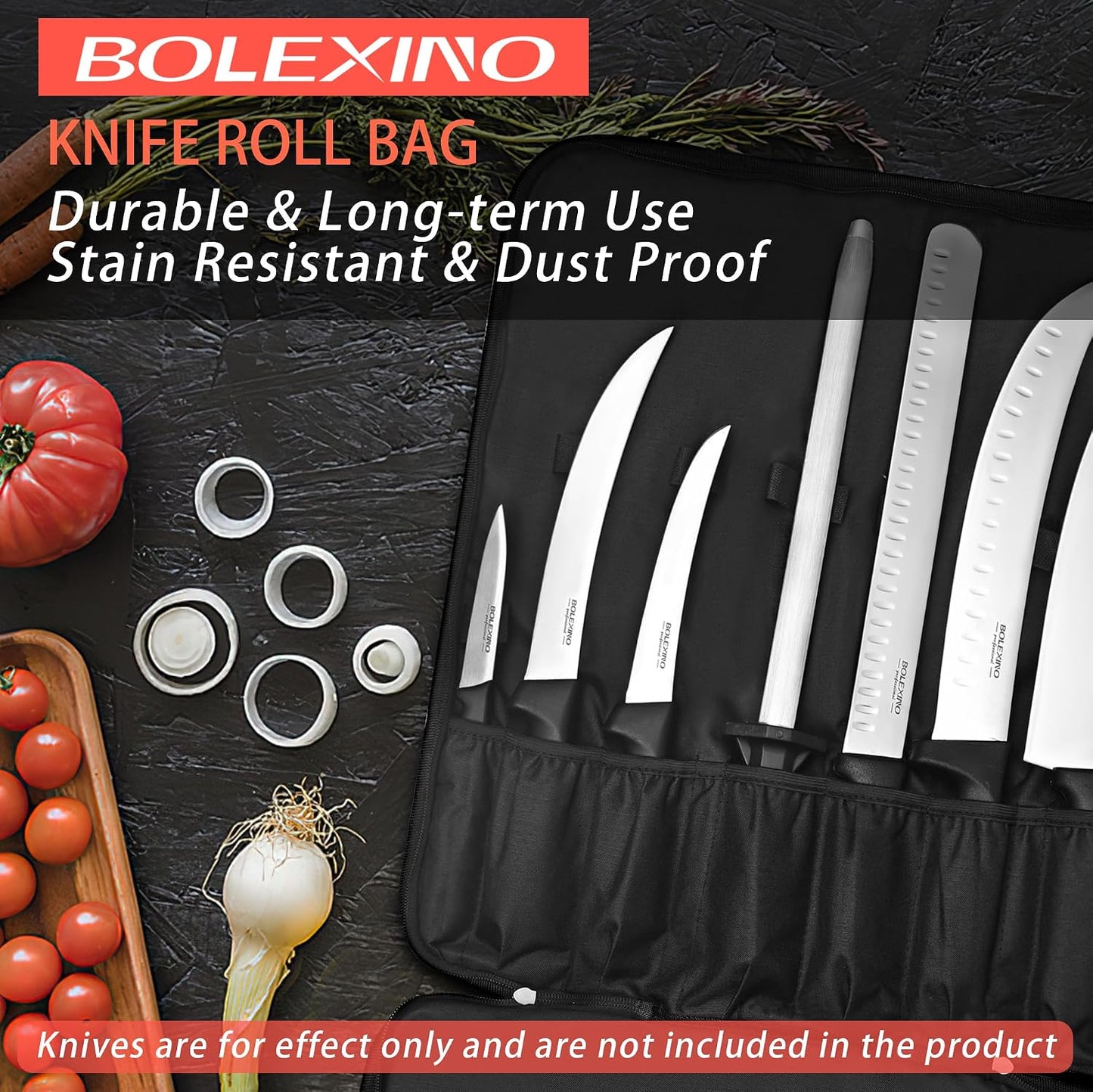 Chef Knife Roll Bag, Heavy Duty Organizer for Kitchen Tools | 9 pockets chef knives,Tear-resistant 300D cloth,Great for kitchen & camp,Roll-up w/handle,Fits chef & utility knives.