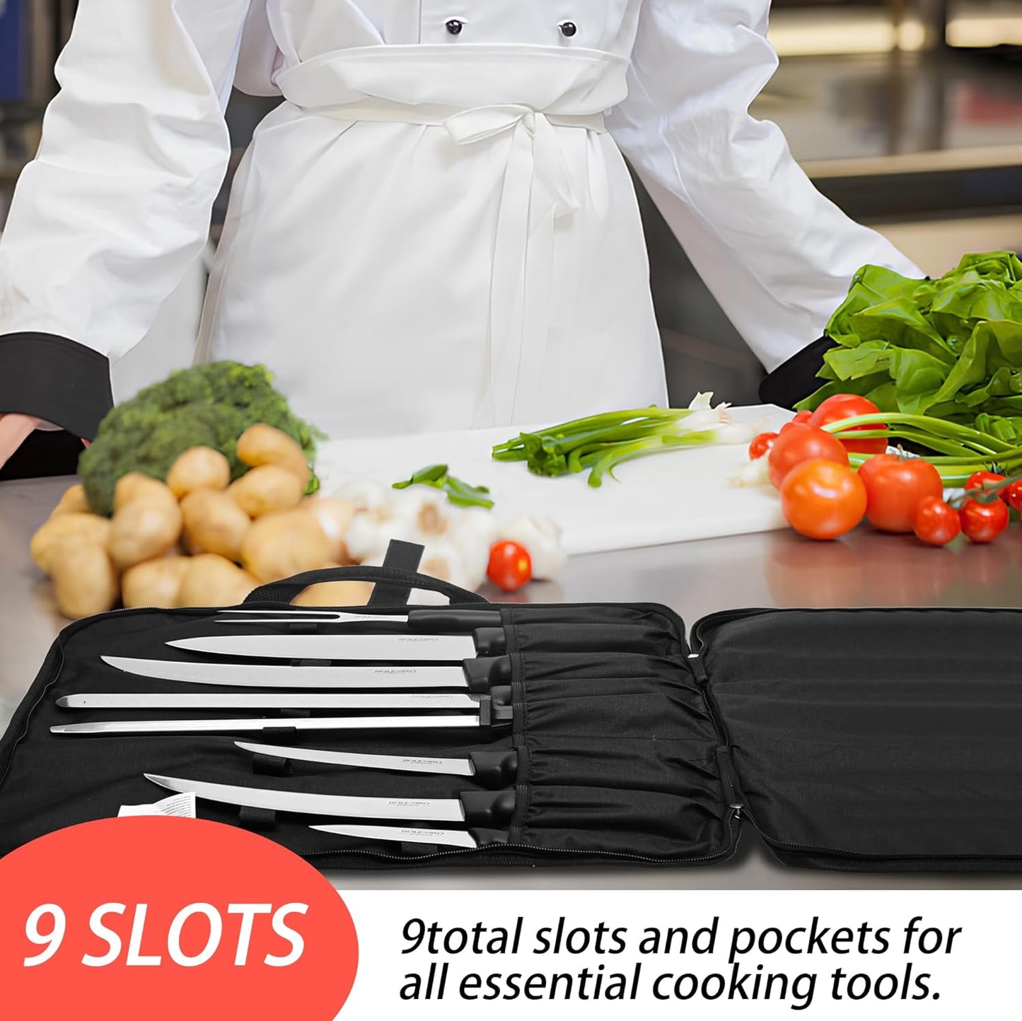 Chef Knife Roll Bag, Heavy Duty Organizer for Kitchen Tools | 9 pockets chef knives,Tear-resistant 300D cloth,Great for kitchen & camp,Roll-up w/handle,Fits chef & utility knives.