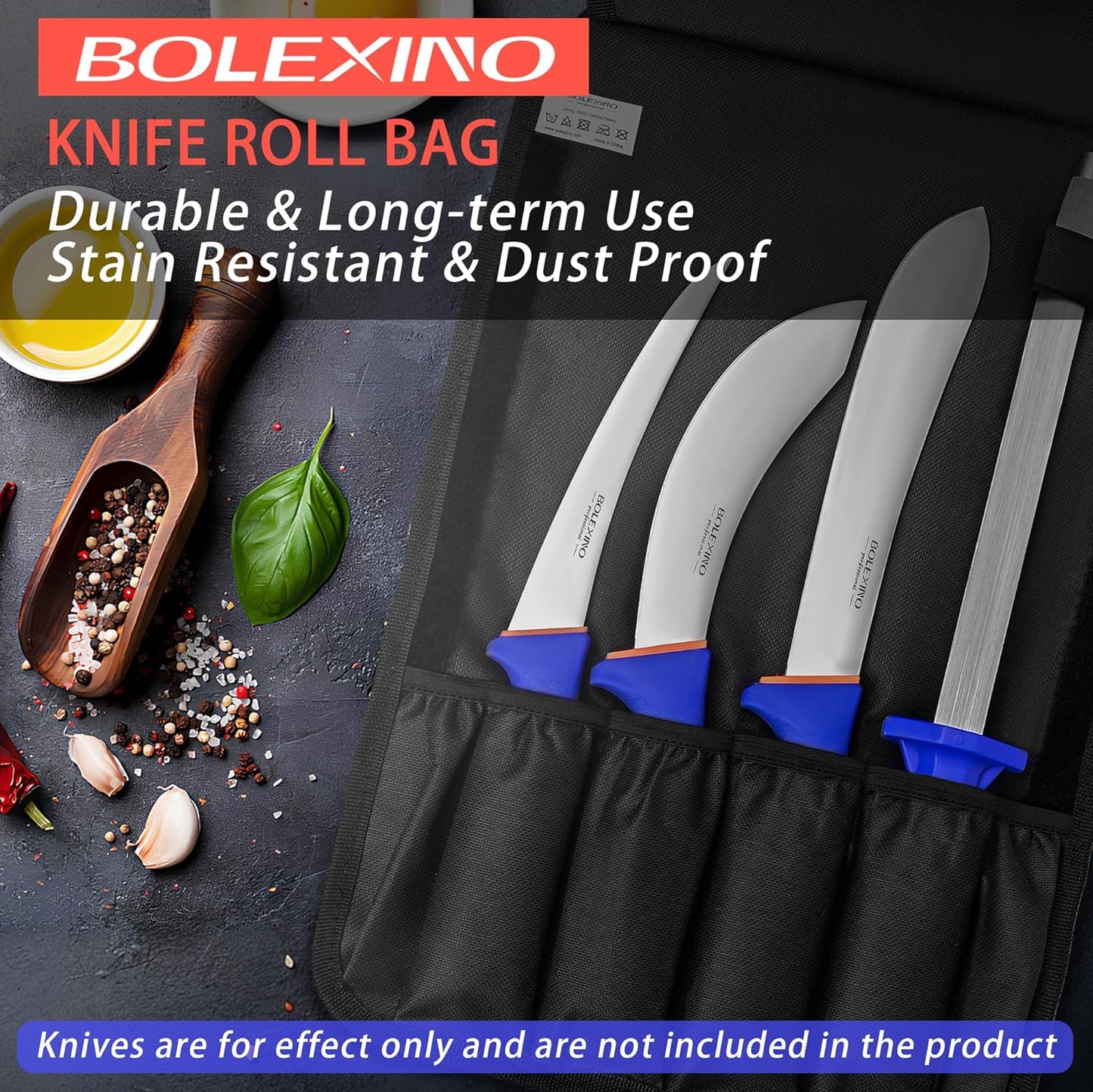 Chef Knife Roll Bag, Heavy Duty Organizer for Kitchen Tools | 9 pockets chef knives,Tear-resistant 300D cloth,Great for kitchen & camp,Roll-up w/handle,Fits chef & utility knives.
