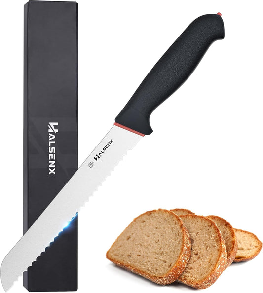 8 Inch Serrated Bread Knife with SoftGrip Handle & Finger Guard | Ultra sharp serrated blade, SoftGrip reduces fatigue, Finger guard for safe cutting, Ideal for sourdough,cake & tomatoes.