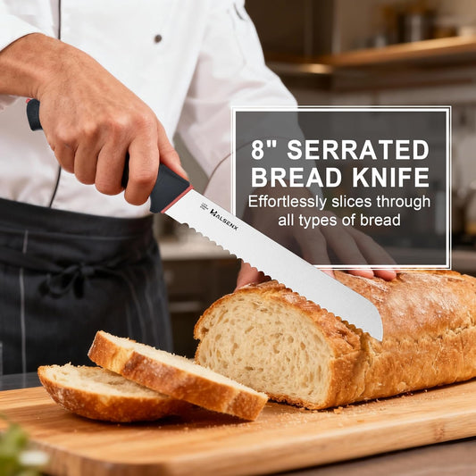 8 Inch Serrated Bread Knife with SoftGrip Handle & Finger Guard | Ultra sharp serrated blade, SoftGrip reduces fatigue, Finger guard for safe cutting, Ideal for sourdough,cake & tomatoes.