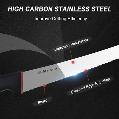 8 Inch Serrated Bread Knife with SoftGrip Handle & Finger Guard | Ultra sharp serrated blade, SoftGrip reduces fatigue, Finger guard for safe cutting, Ideal for sourdough,cake & tomatoes.