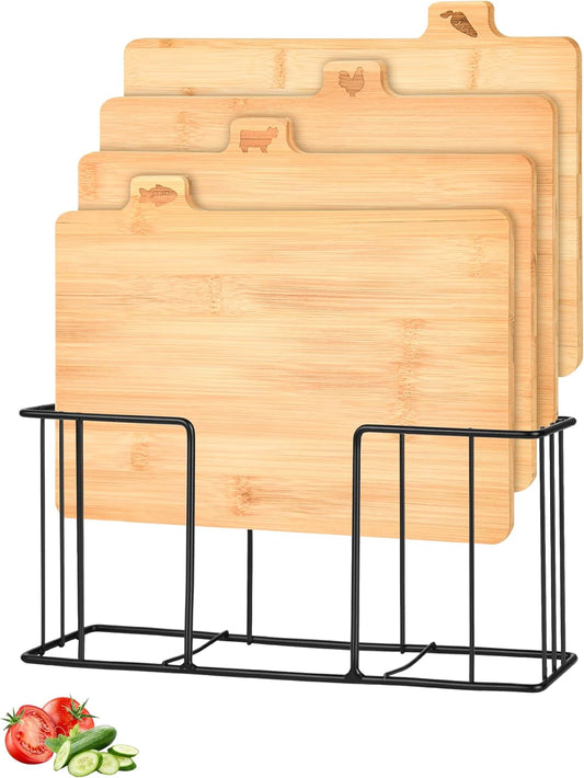 Bamboo Cutting Board Set with Meatal Stand, 4PCS Eco-Friendly Labeled Tabs Cutting Board, Durable Cutting Boards Kitchen For Chopping Fruit, Meat, Cheese, Veggies - 11" x 8"