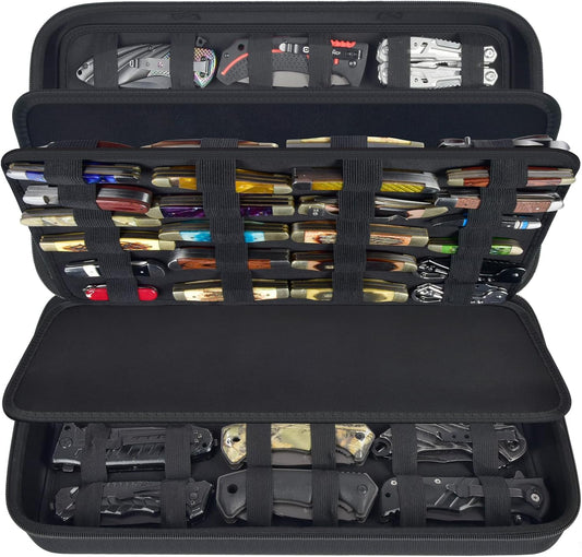 66+ Pocket Knife Storage Case for Folding Knives, Butterfly Knives | 88 Elastic Slots in Four Sizes, Hard EVA Protection for EDC Collectors, Fishing, Home Display, Camping and Travel, Black