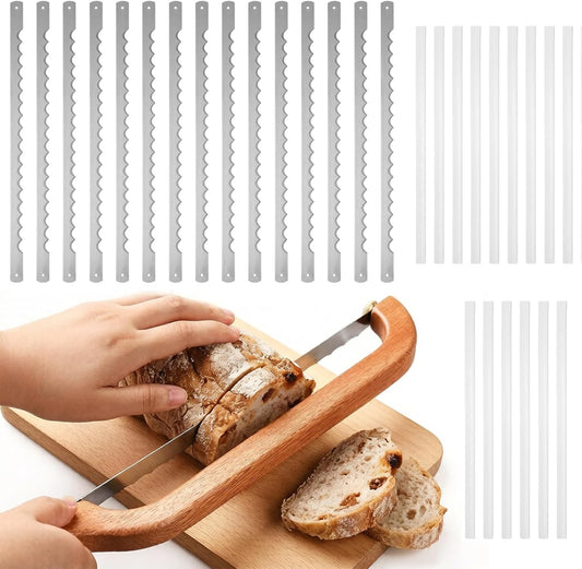 15 Pcs Bread Bow Knife Blades, 10.8" Serrated Stainless Steel | Upgraded High-strength Steel, Safety Guard, Replacement for Wood Bread Cutter, Bow Bread Knife Replacement Blades