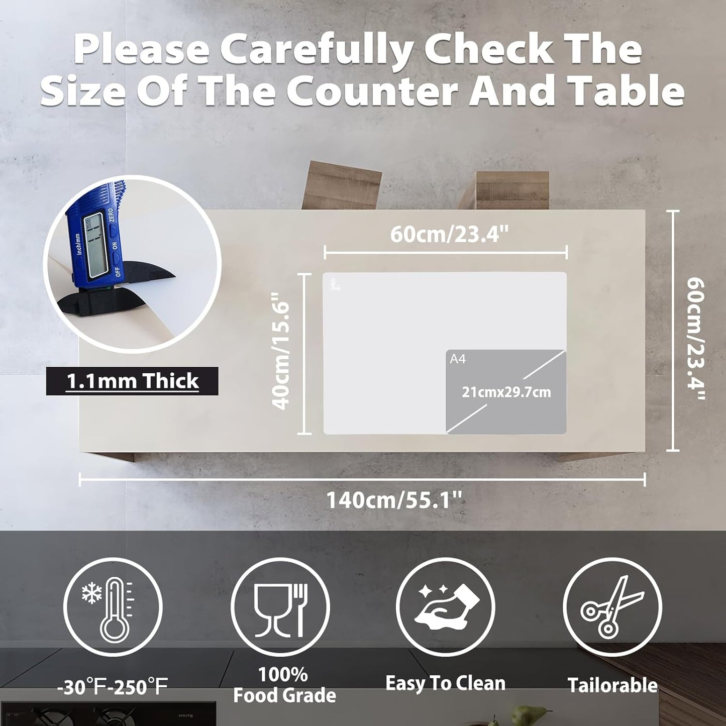 Thick Silicone Counter Mat Large 23.4"by15.6", Heat Resistant Mat for Kitchen Table/Countertop Protector/Non Stick Pastry Baking Placemats, Silicone Pad for Crafts Kids White Translucent