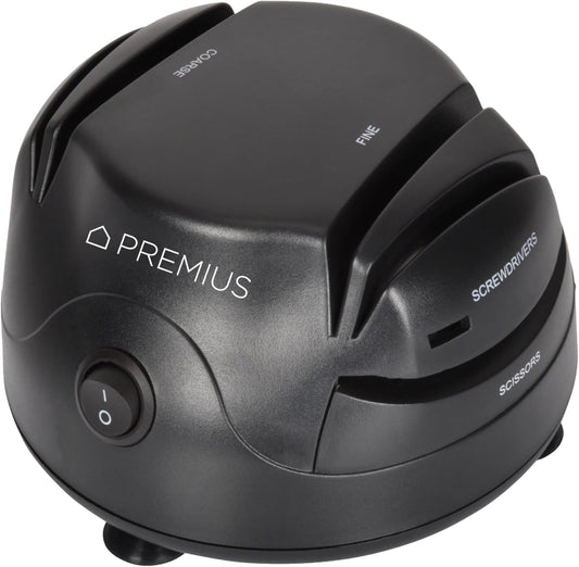 3-In-1 ELECTRIC KNIFE SHARPENER SYSTEM by PREMIUS, Great for Kitchen and Sport Knives, Scissors, Screwdrivers, 2-Stage Sharpening System Appliance, Compact Quick, Easy Design, Retractable Cord, Black