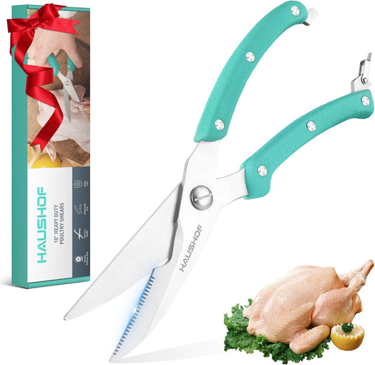 Kitchen Shears for Food, Heavy Duty Poultry Shears, Stainless Steel Sharp Kitchen Scissors with Serrated Blade, One-Piece Handle, Spring, Safety Lock, 10" Food Scissors for Bones, Meat, Fish