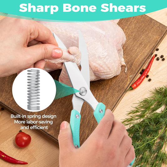 Kitchen Shears for Food, Heavy Duty Poultry Shears, Stainless Steel Sharp Kitchen Scissors with Serrated Blade, One-Piece Handle, Spring, Safety Lock, 10" Food Scissors for Bones, Meat, Fish