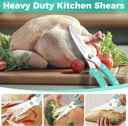 Kitchen Shears for Food, Heavy Duty Poultry Shears, Stainless Steel Sharp Kitchen Scissors with Serrated Blade, One-Piece Handle, Spring, Safety Lock, 10" Food Scissors for Bones, Meat, Fish