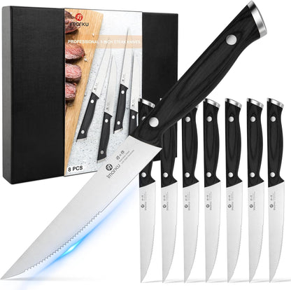Japanese Steak Knives, Steak Knives Set of 8,Stainless Steel Serrated Steak Knife,Steak Knife with Pakkawood Ergonomic Handle,Gift for Men and Women