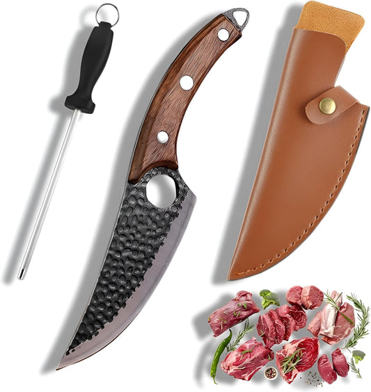 Viking Style Hand Forged Butcher Knife 7" – Curved Boning Knife with Leather Sheath & Sharpening Rod, High Carbon Steel Meat Cutting Knife for Kitchen, BBQ, Camping & Hunting