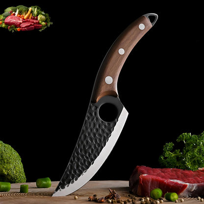 Viking Style Hand Forged Butcher Knife 7" – Curved Boning Knife with Leather Sheath & Sharpening Rod, High Carbon Steel Meat Cutting Knife for Kitchen, BBQ, Camping & Hunting