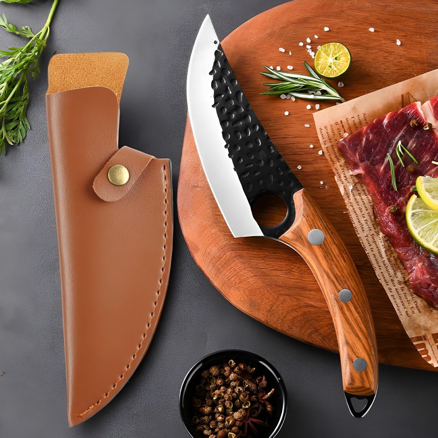 Viking Style Hand Forged Butcher Knife 7" – Curved Boning Knife with Leather Sheath & Sharpening Rod, High Carbon Steel Meat Cutting Knife for Kitchen, BBQ, Camping & Hunting