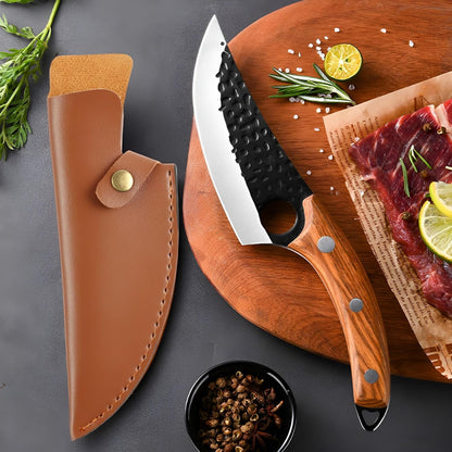 Viking Style Hand Forged Butcher Knife 7" – Curved Boning Knife with Leather Sheath & Sharpening Rod, High Carbon Steel Meat Cutting Knife for Kitchen, BBQ, Camping & Hunting