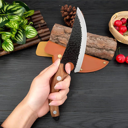 Viking Style Hand Forged Butcher Knife 7" – Curved Boning Knife with Leather Sheath & Sharpening Rod, High Carbon Steel Meat Cutting Knife for Kitchen, BBQ, Camping & Hunting