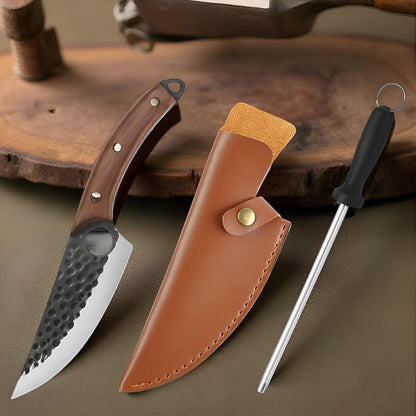 Viking Style Hand Forged Butcher Knife 7" – Curved Boning Knife with Leather Sheath & Sharpening Rod, High Carbon Steel Meat Cutting Knife for Kitchen, BBQ, Camping & Hunting