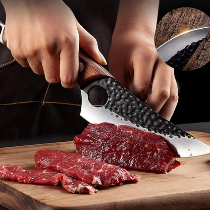 Viking Style Hand Forged Butcher Knife 7" – Curved Boning Knife with Leather Sheath & Sharpening Rod, High Carbon Steel Meat Cutting Knife for Kitchen, BBQ, Camping & Hunting