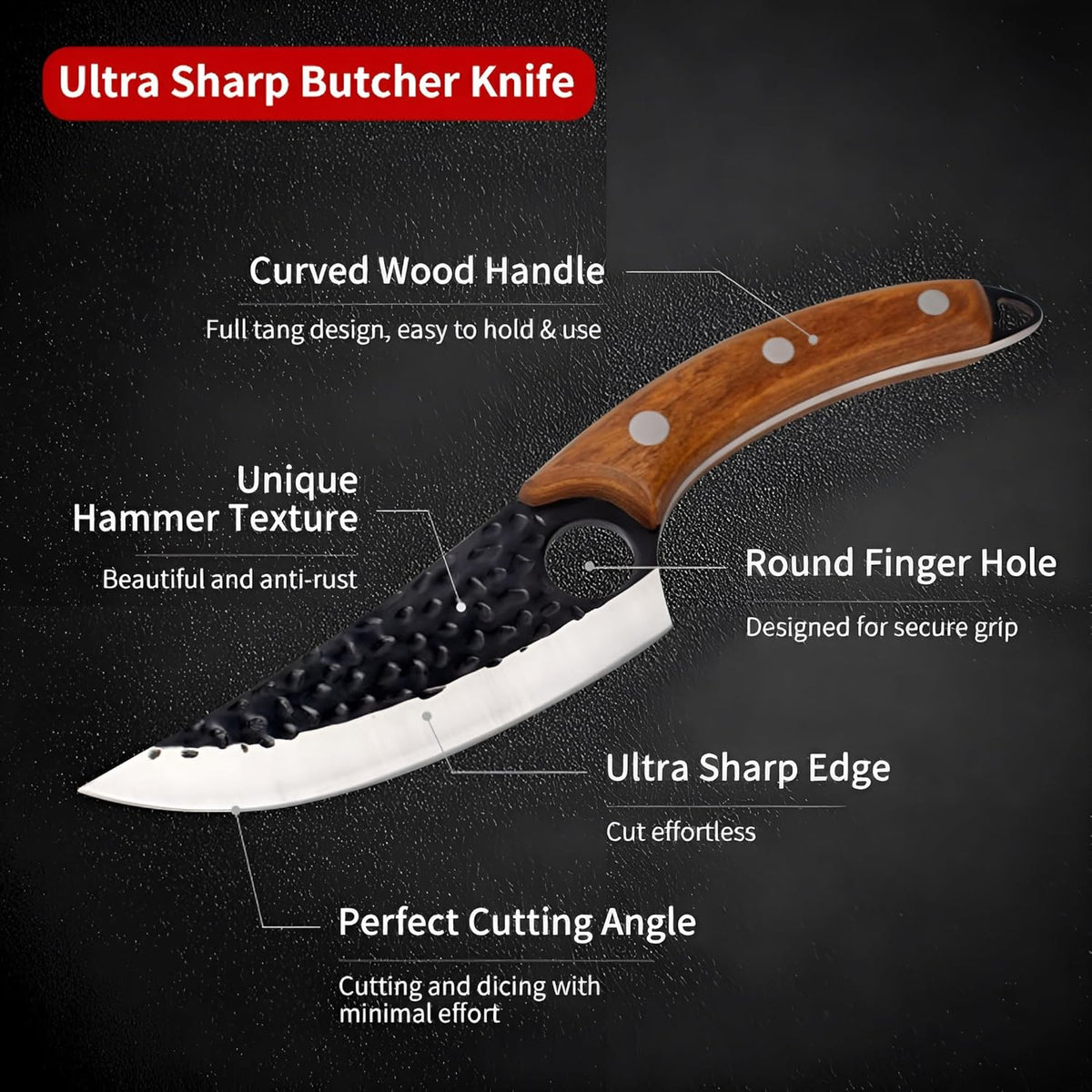Viking Style Hand Forged Butcher Knife 7" – Curved Boning Knife with Leather Sheath & Sharpening Rod, High Carbon Steel Meat Cutting Knife for Kitchen, BBQ, Camping & Hunting