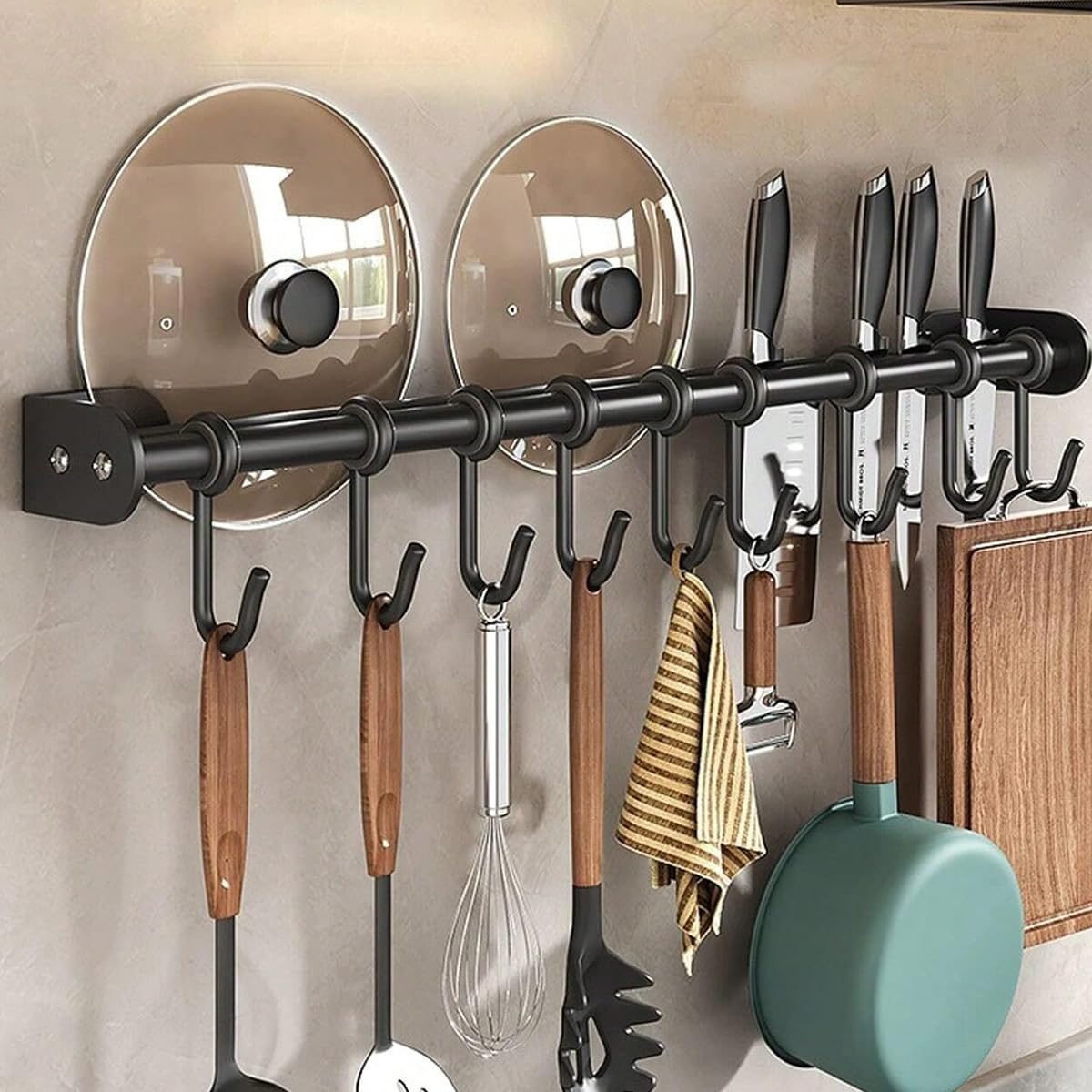 Modern Kitchen Utensil Rack, Black Wall-Mounted Hanging Rod with 6 Movable Hooks, 15.75 Inch Metal Storage Organizer
