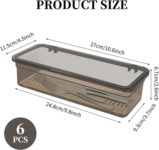 6 Pcs Flatware Tray with Lid Large Plastic Drainer Silverware Utensil Clear Drawer Organizer Cutlery Storage Container Box Dinnerware Holder with Cover for Home Kitchen Travel