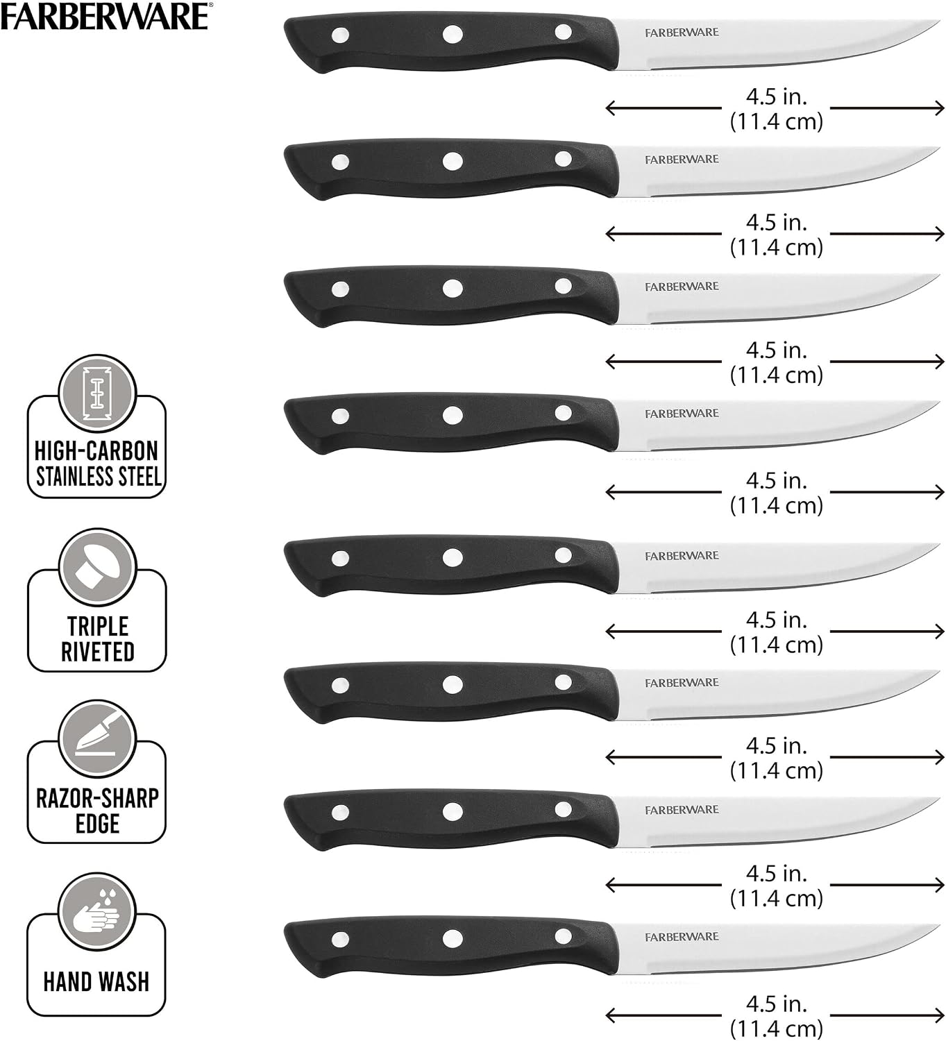 Steak Knives Set of 8 - High-Carbon Stainless Steel Blades, Triple Rivet Ergonomic Handles, Sharp Fine-Edge Steak Knife Set, 4.5 Inch Blades